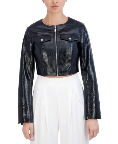 Bcbg New York Women's Croc-print Faux-leather Cropped Jacket In Onyx