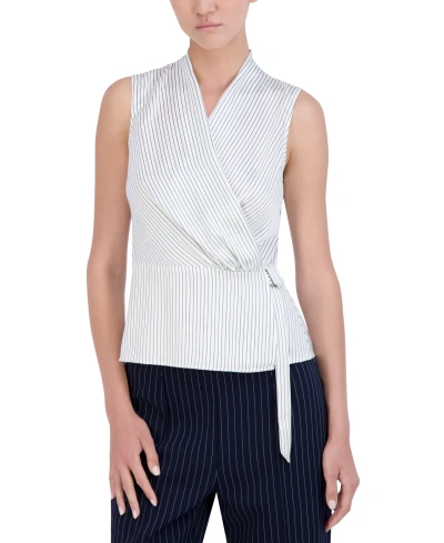 Bcbg New York Women's Pinstripe Sleeveless Wrap Top In White,navy