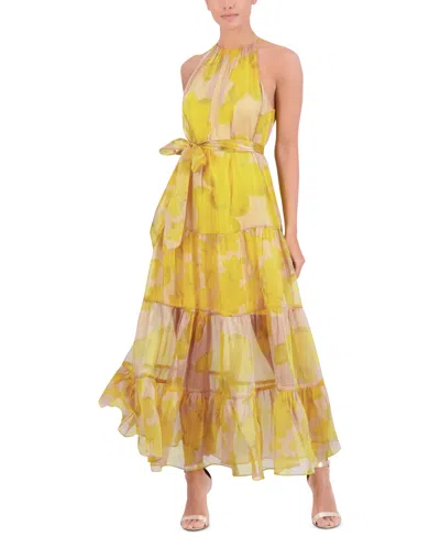 Bcbg New York Women's Sleeveless Halter Tiered Maxi Dress In Yellow Combo Print