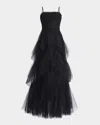 Bcbg Oly Tiered Ruffle Tulle Evening Gown In Black