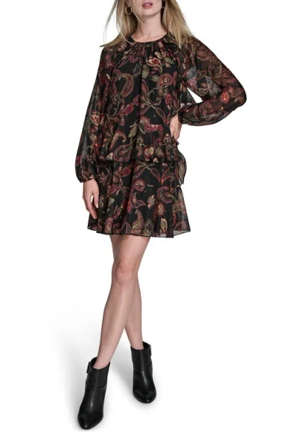 Bcbg Print Ruffle Long Sleeve Minidress In Black