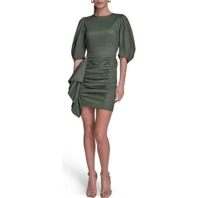 Bcbg Puff Sleeve Side Ruched Dress In Eucalypts Green