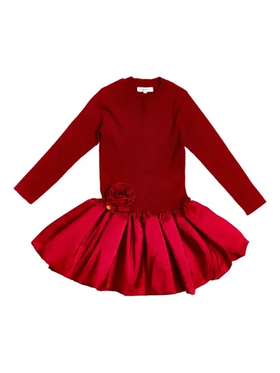 Bcbg Kids' Rose-embellished Ribbed Dress In Red