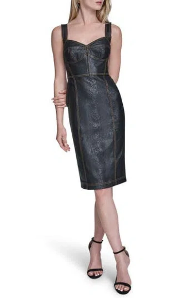 Bcbg Snakeskin Print Denim Bustier Sheath Dress In Black