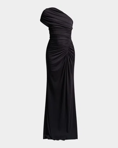 Bcbg Solina Ruched One-shoulder Stretch Jersey Gown In Black