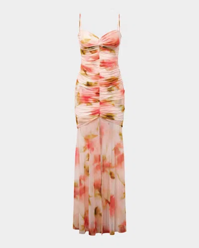 Bcbg Soraya Ruched Floral-print Mesh Gown