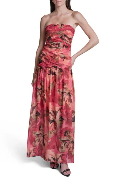Bcbg Strapless Floral Ruched Bodice Maxi Dress In Red