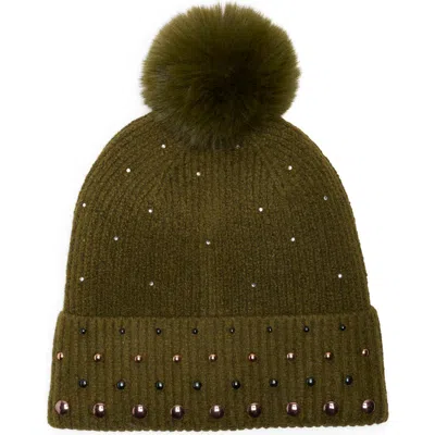 Bcbg Studded Faux Fur Pompom Beanie In Green