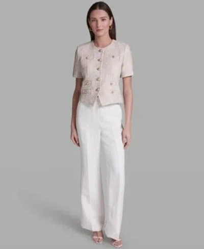 Bcbg Suits Short Sleeve Crewneck Jacket Wide Leg Pants In Whisper White