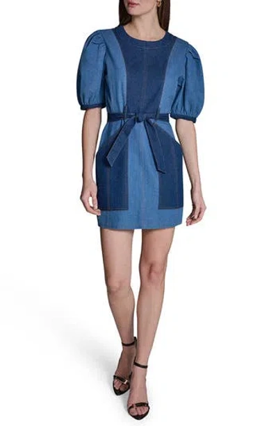 Bcbg Tie Waist Puff Sleeve Denim Minidress In Blue
