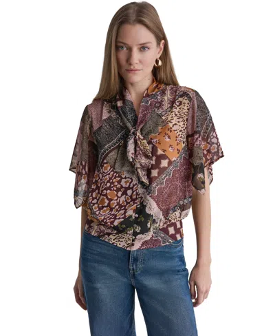 Bcbg Women's Bow Neck Mixed Print Short-sleeve Blouse In Multi