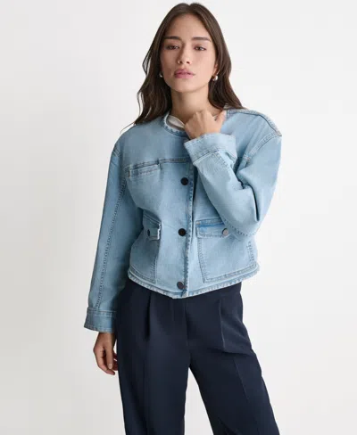 Bcbg Women's Boxy Crewneck Button-front Denim Jacket In Blue