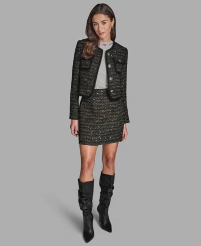 Bcbg Women's Button-front Collarless Tweed Jacket In Black