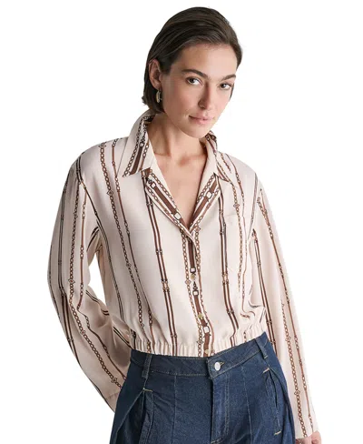 Bcbg Women's Collared Long-sleeve Crop Button-up Top In Almond Creme Combo