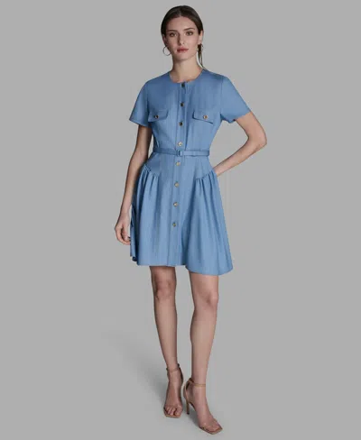 Bcbg Women's Collared Neck Mini Denim Dress In Blue