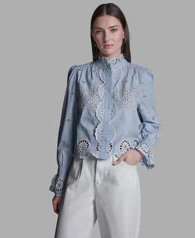 Bcbg Women's Collared Neck Scallop Hem Top In Blue