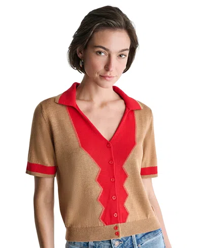 Bcbg Women's Colorblock Short-sleeve Polo Sweater In Toffee Dust,rouge Volt