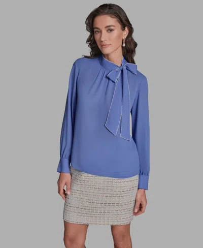 Bcbg Women's Contrast Tie Neck Long-sleeve Top In Blue