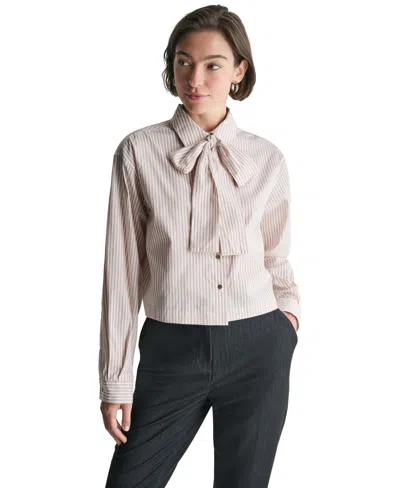 Bcbg Women's Cotton Collared Tie-neck Blouse In Light Toffee Dust,white