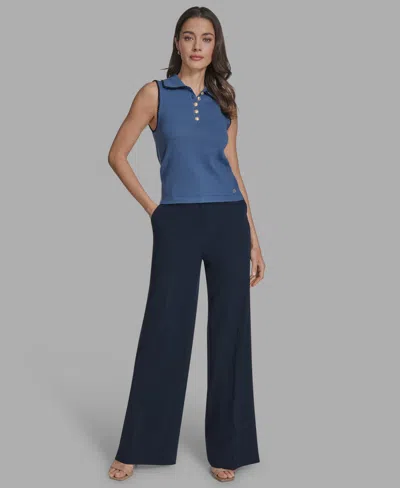 Bcbg Women's Cotton Tipped Collared Sleeveless Knit Top In Blue