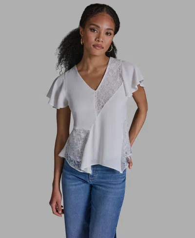 Bcbg Women's Crewneck Flutter-sleeve Asymmetrical Lace Top In White