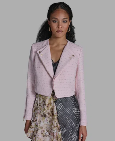 Bcbg Women's Crewneck Textured Cropped Moto Jacket In Pink