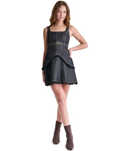 Bcbg Women's Denim Square Neck Belted Fringe Mini Dress In Black