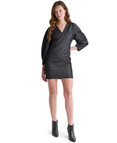 Bcbg Women's Denim V-neck 3/4-sleeve Mini Dress In Black