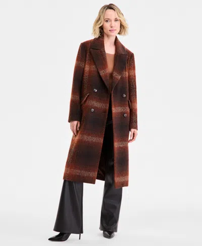 Bcbg Women's Double-breasted Plaid Coat In Brown