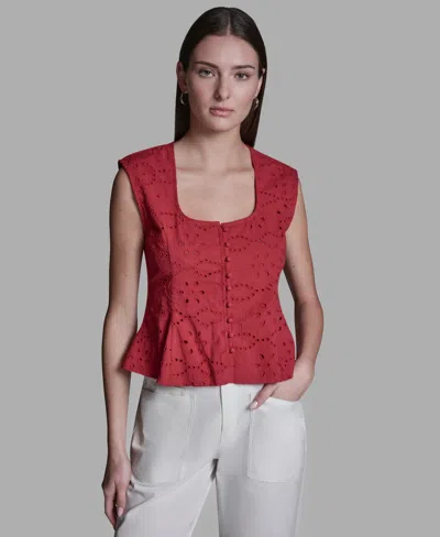 Bcbg Women's Eyelet Detail Sleeveless Square Neck Peplum Top In Red