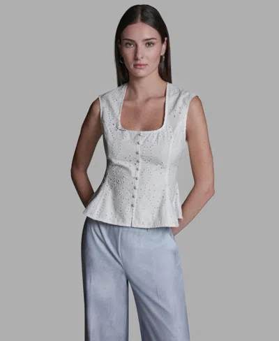 Bcbg Women's Eyelet Detail Sleeveless Square Neck Peplum Top In White