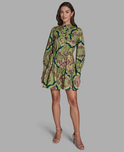 Bcbg Women's Floral Button-down Mini Dress With Tiered Skirt And Waist Tie In Green