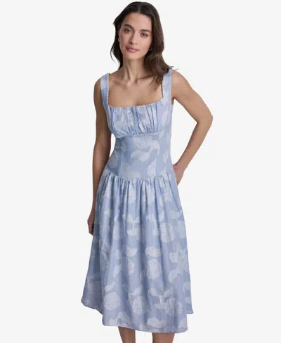Bcbg Women's Floral Print Square Neck Cotton Midi Dress In Blue