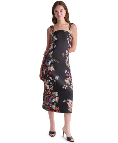 Bcbg Women's Floral Print Square Neck Satin Midi Dress In Black