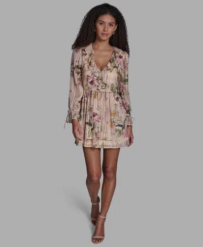 Bcbg Women's Floral Ruffled V-neck Short Shift Dress In Brown
