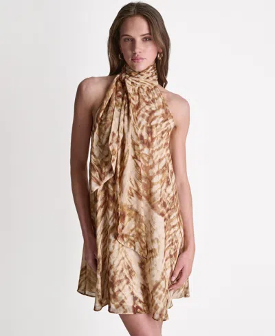Bcbg Women's High Halter Neck Scarf Detail Dress In Brown