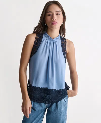 Bcbg Women's High-neck Sleeveless Lace Combo Woven Top In Blue