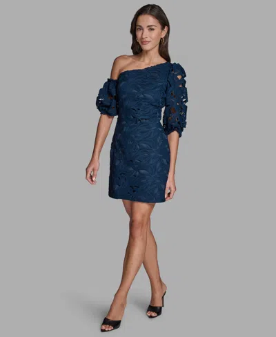 Bcbg Women's Lace One-shoulder Textured Puff Sleeve Mini Dress In Multi