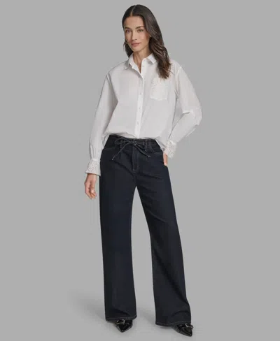 Bcbg Women's Long Sleeve Button-up Embroidered Top In White