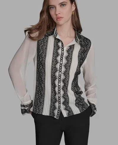 Bcbg Women's Long Sleeve Contrast Lace Top In Multi