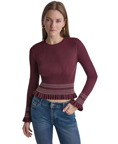 Bcbg Women's Long Sleeve Crewneck Ribbed Knit Sweater In Buttercream,shadow Merlot