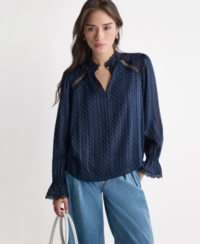 Bcbg Women's Long Sleeve Ruffle Collar Tops In Blue