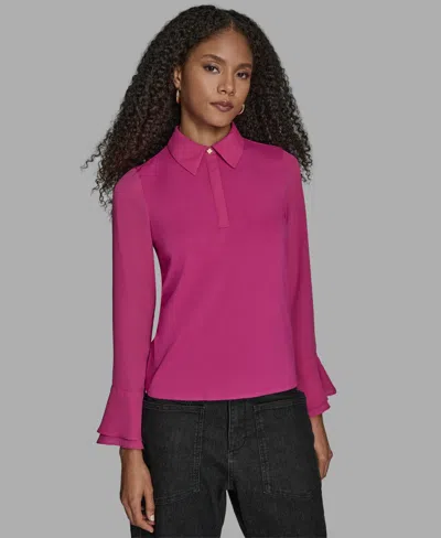 Bcbg Women's Long Sleeve Ruffle-cuff Collared Top In Pink