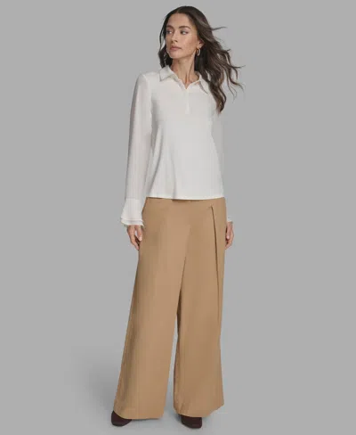 Bcbg Women's Long Sleeve Ruffle-cuff Collared Top In White
