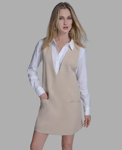 Bcbg Women's Long Sleeve Twofer Vest Shirt Dress In Neutral