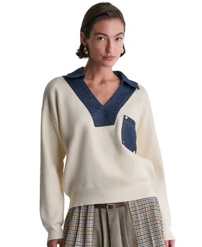 Bcbg Women's Long-sleeve Collared V-neck Denim Trim Sweater In White