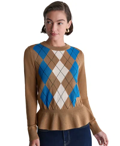 Bcbg Women's Long-sleeve Crewneck Argyle Peplum Sweater In Brown