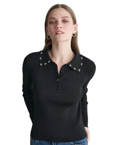 Bcbg Women's Long-sleeve Embellished Collar Polo In Black
