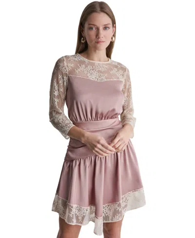 Bcbg Women's Long-sleeve Mini Lace Trim Fit & Flare Dress In Pink