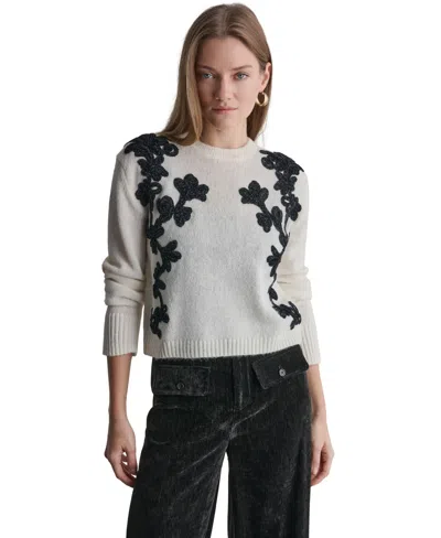 Bcbg Women's Oversized Floral-applique Crewneck Long-sleeve Sweater In White